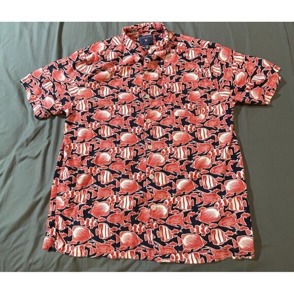 Saddlebred Men's Large 100% Cotton Short Sleeve Button Retro Casual Print Fish - Picture 1 of 10